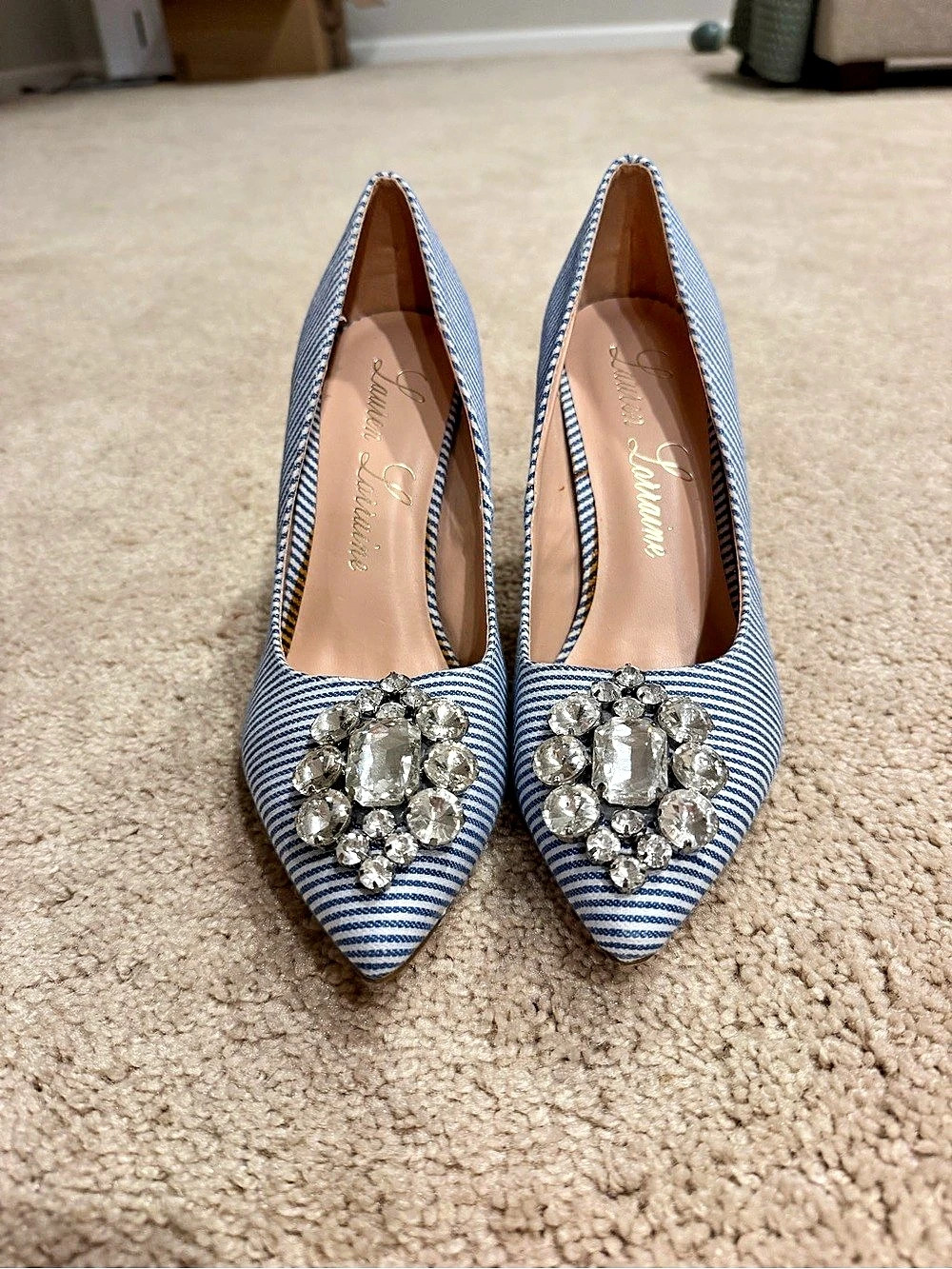 Lauren Lorraine Blue & White Striped Embellished Heels - Sz 7.5